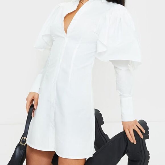 PrettyLittle Thing White Frill Detail Shirt Dress Size 10 - Picture 1 of 7